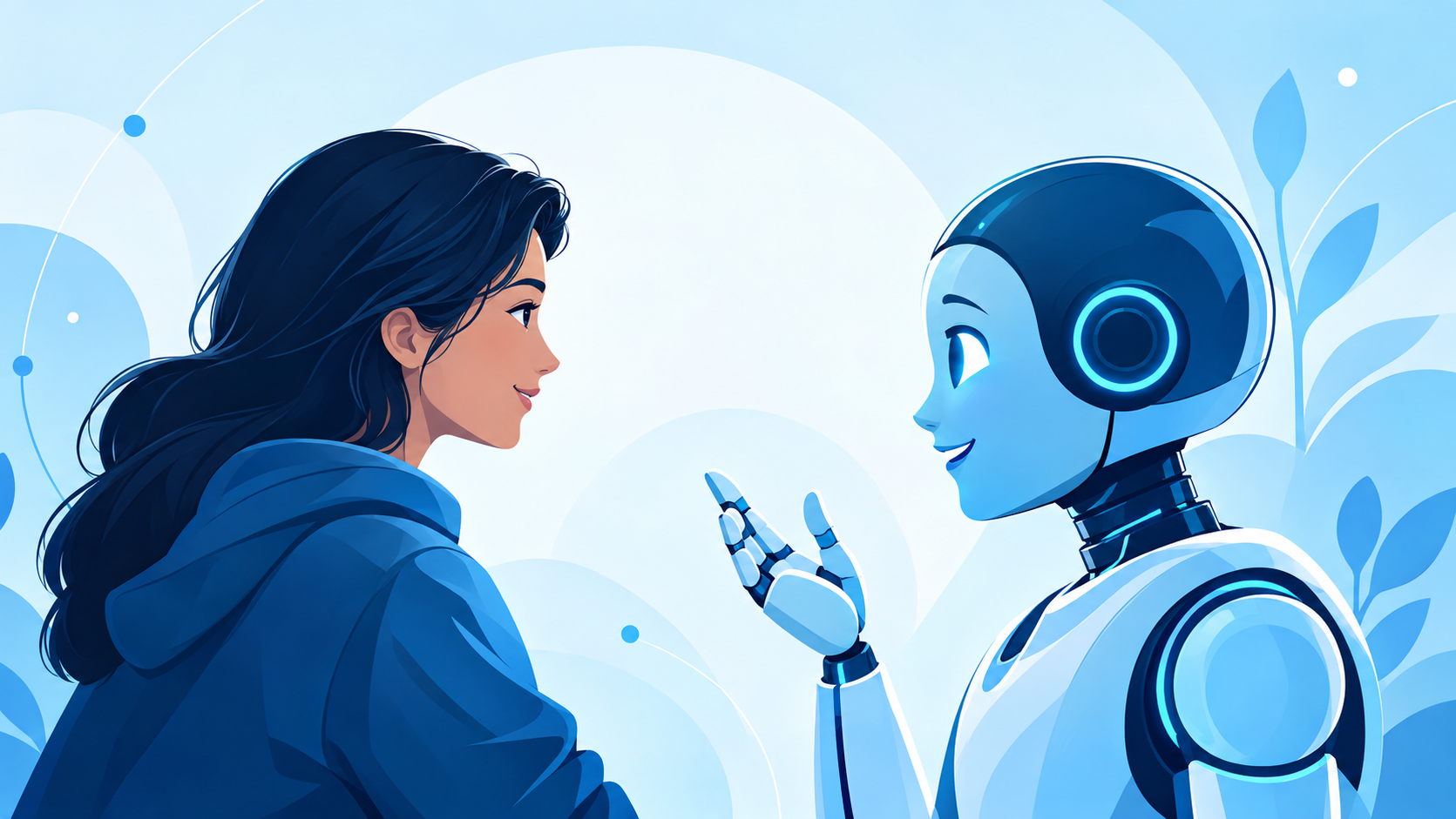 Silhouette of a woman talking to a robot